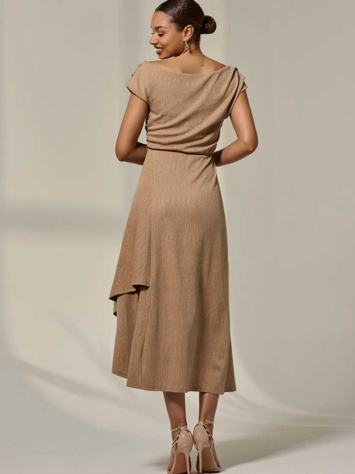 Asymmetric Cowl Neck Midi Dress, Taupe