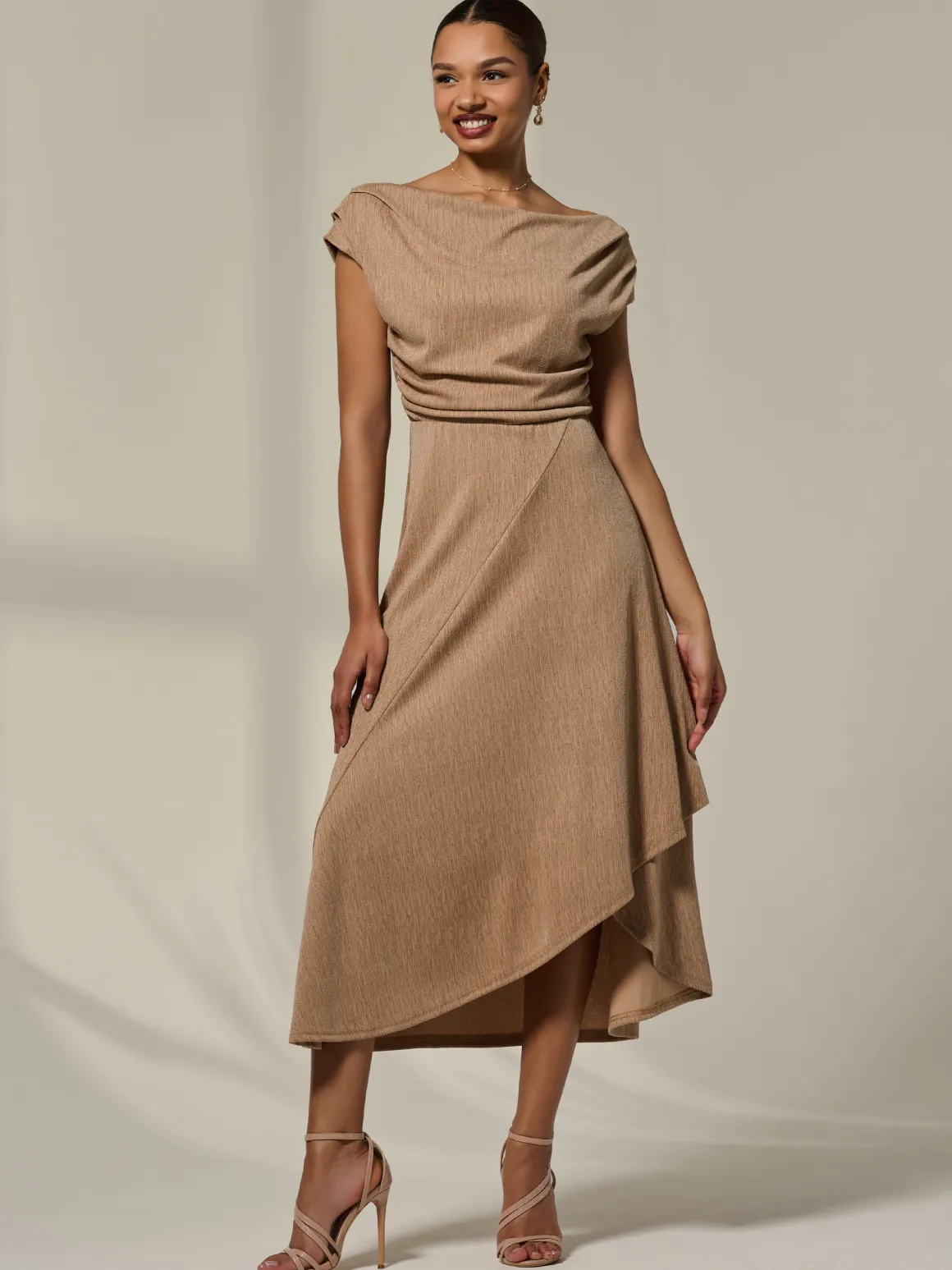 Asymmetric Cowl Neck Midi Dress, Taupe