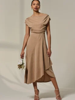 Asymmetric Cowl Neck Midi Dress, Taupe