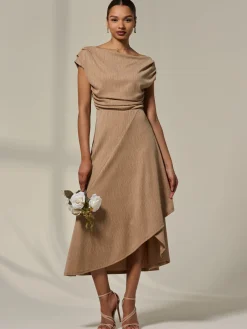 Asymmetric Cowl Neck Midi Dress, Taupe