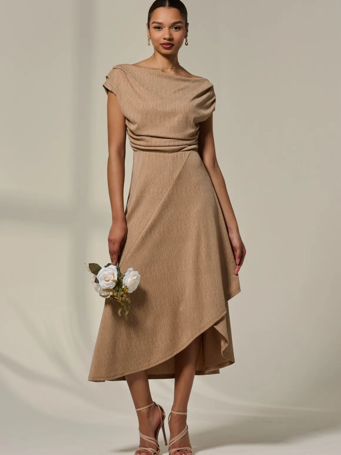Asymmetric Cowl Neck Midi Dress, Taupe