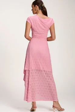 Asymmetric Draped Lace Maxi Dress, Candy Pink