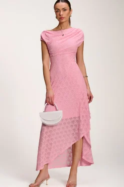 Asymmetric Draped Lace Maxi Dress, Candy Pink
