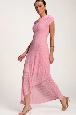 Asymmetric Draped Lace Maxi Dress, Candy Pink
