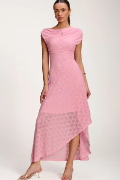 Asymmetric Draped Lace Maxi Dress, Candy Pink