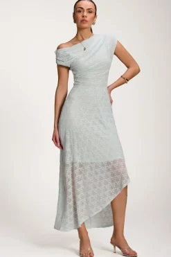 Asymmetric Draped Lace Maxi Dress, Light Blue