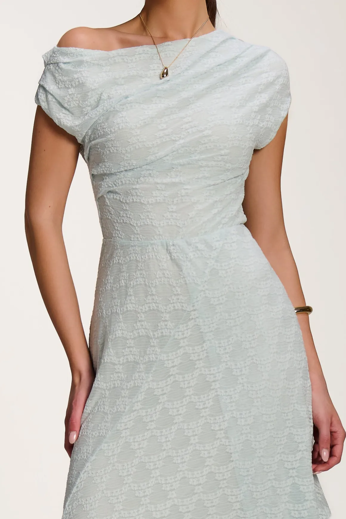 Asymmetric Draped Lace Maxi Dress, Light Blue