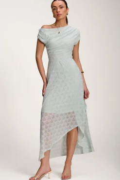 Asymmetric Draped Lace Maxi Dress, Light Blue