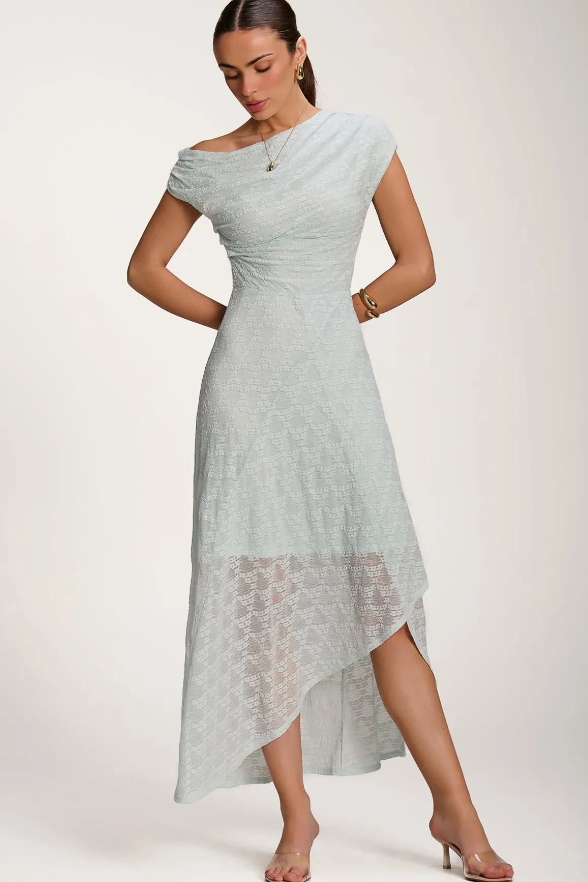 Asymmetric Draped Lace Maxi Dress, Light Blue