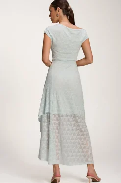 Asymmetric Draped Lace Maxi Dress, Light Blue