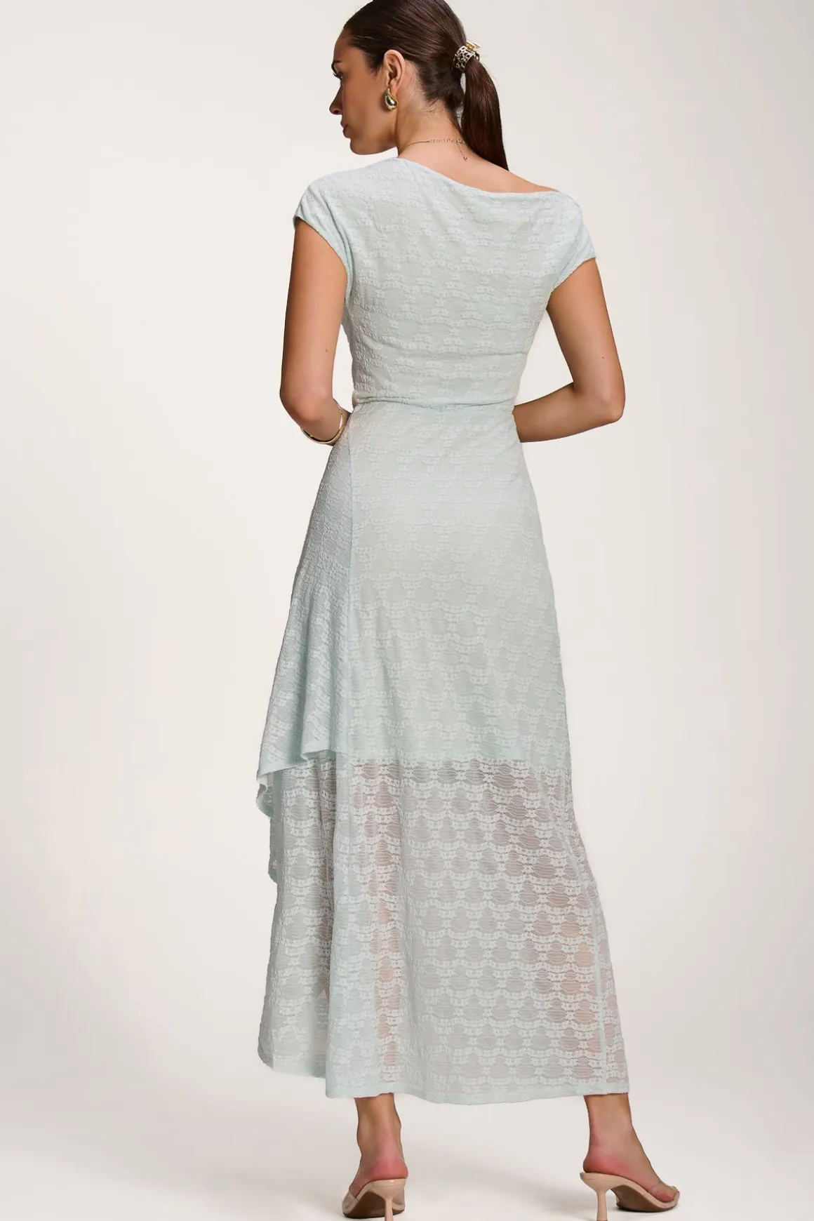 Asymmetric Draped Lace Maxi Dress, Light Blue