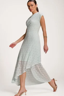 Asymmetric Draped Lace Maxi Dress, Light Blue