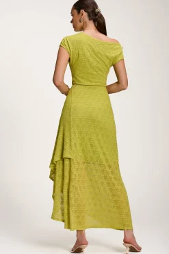 Asymmetric Draped Lace Maxi Dress, Lime Green