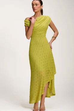 Asymmetric Draped Lace Maxi Dress, Lime Green