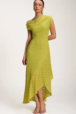 Asymmetric Draped Lace Maxi Dress, Lime Green