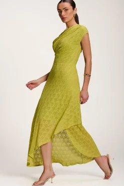 Asymmetric Draped Lace Maxi Dress, Lime Green