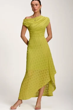 Asymmetric Draped Lace Maxi Dress, Lime Green