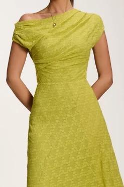 Asymmetric Draped Lace Maxi Dress, Lime Green