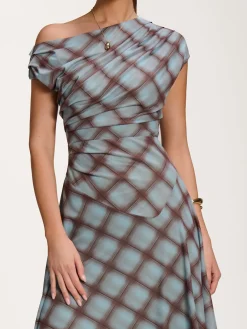 Asymmetric Draped Mesh Dress, Blue Check