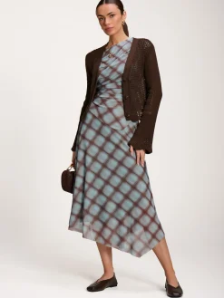 Asymmetric Draped Mesh Dress, Blue Check