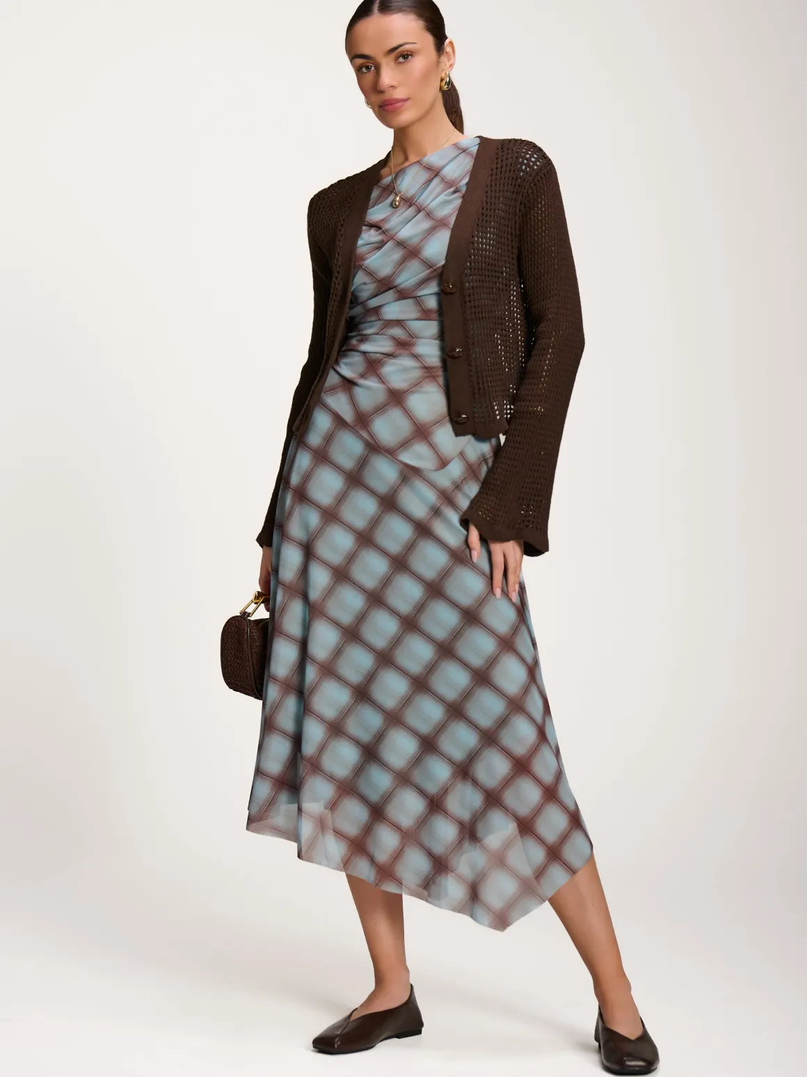 Asymmetric Draped Mesh Dress, Blue Check