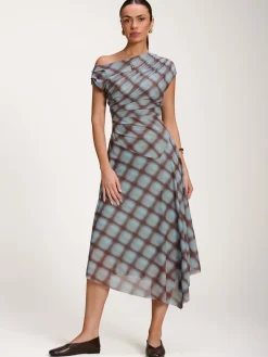 Asymmetric Draped Mesh Dress, Blue Check