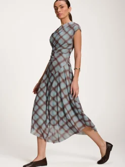 Asymmetric Draped Mesh Dress, Blue Check
