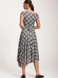 Asymmetric Draped Mesh Dress, Blue Check