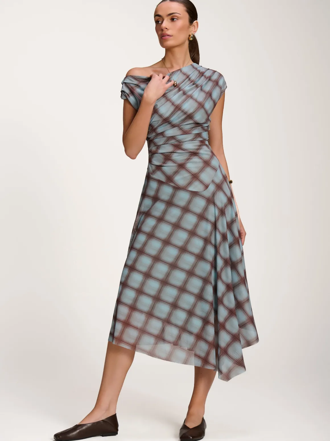 Asymmetric Draped Mesh Dress, Blue Check