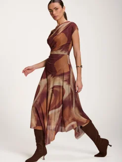Asymmetric Draped Mesh Dress, Brown Abstract