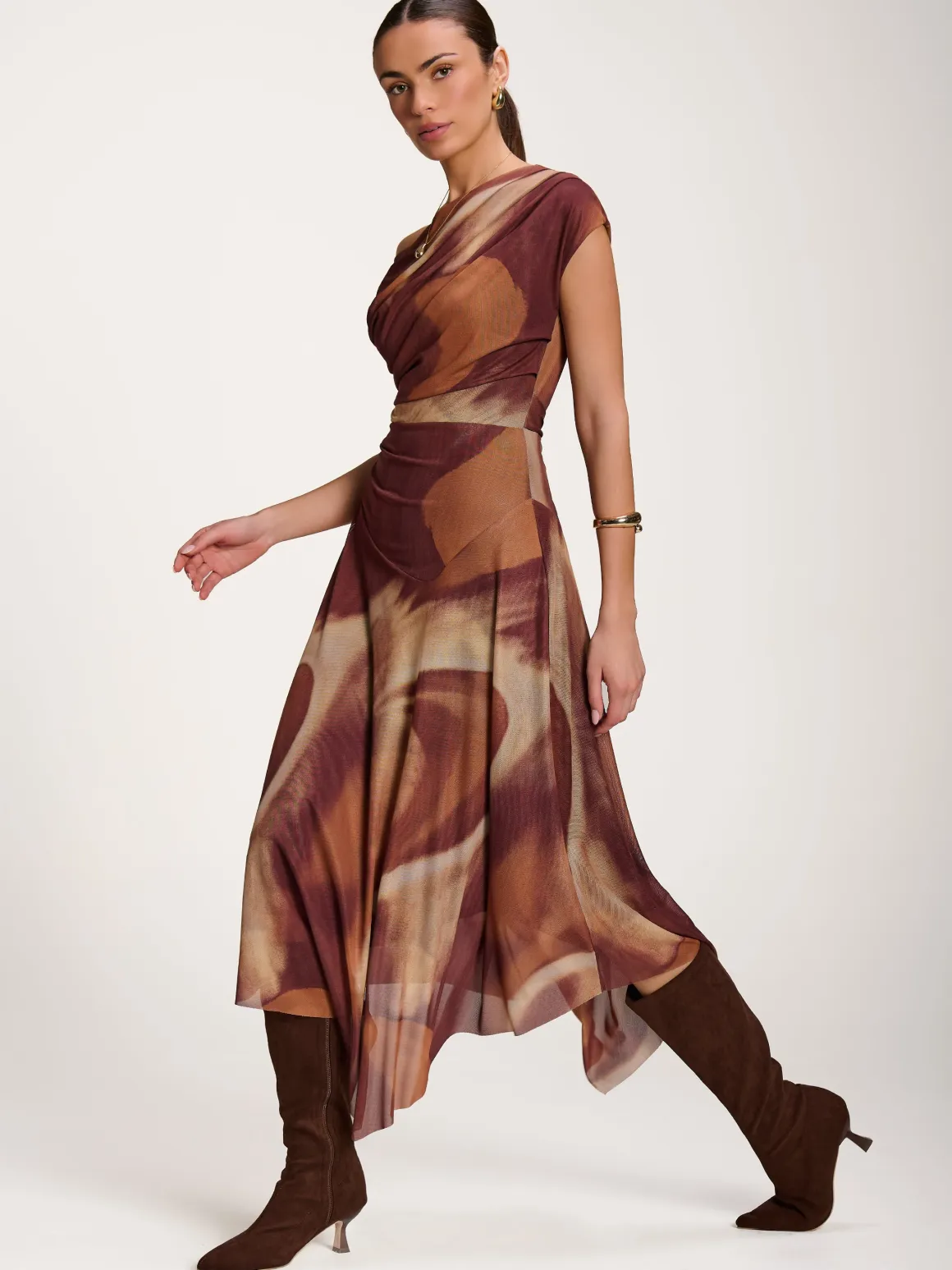 Asymmetric Draped Mesh Dress, Brown Abstract