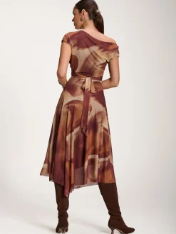 Asymmetric Draped Mesh Dress, Brown Abstract