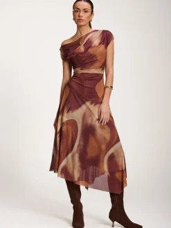 Asymmetric Draped Mesh Dress, Brown Abstract