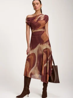 Asymmetric Draped Mesh Dress, Brown Abstract