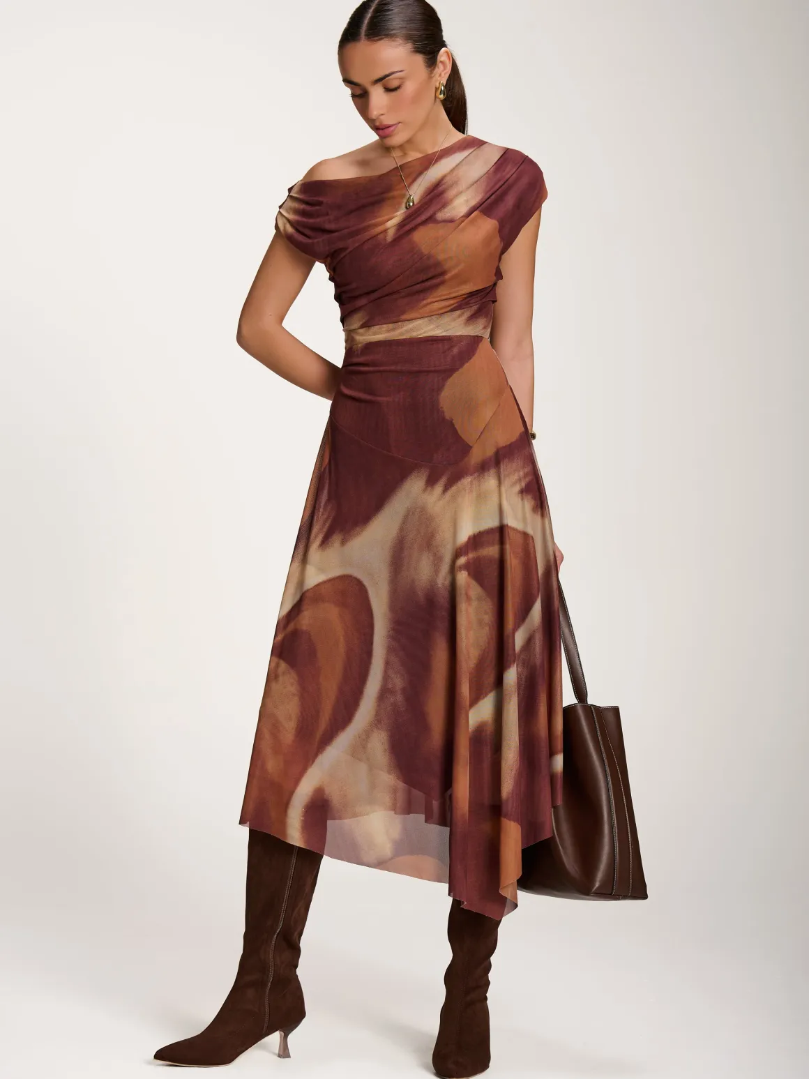 Asymmetric Draped Mesh Dress, Brown Abstract