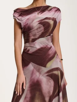 Asymmetric Draped Mesh Dress, Brown Multi
