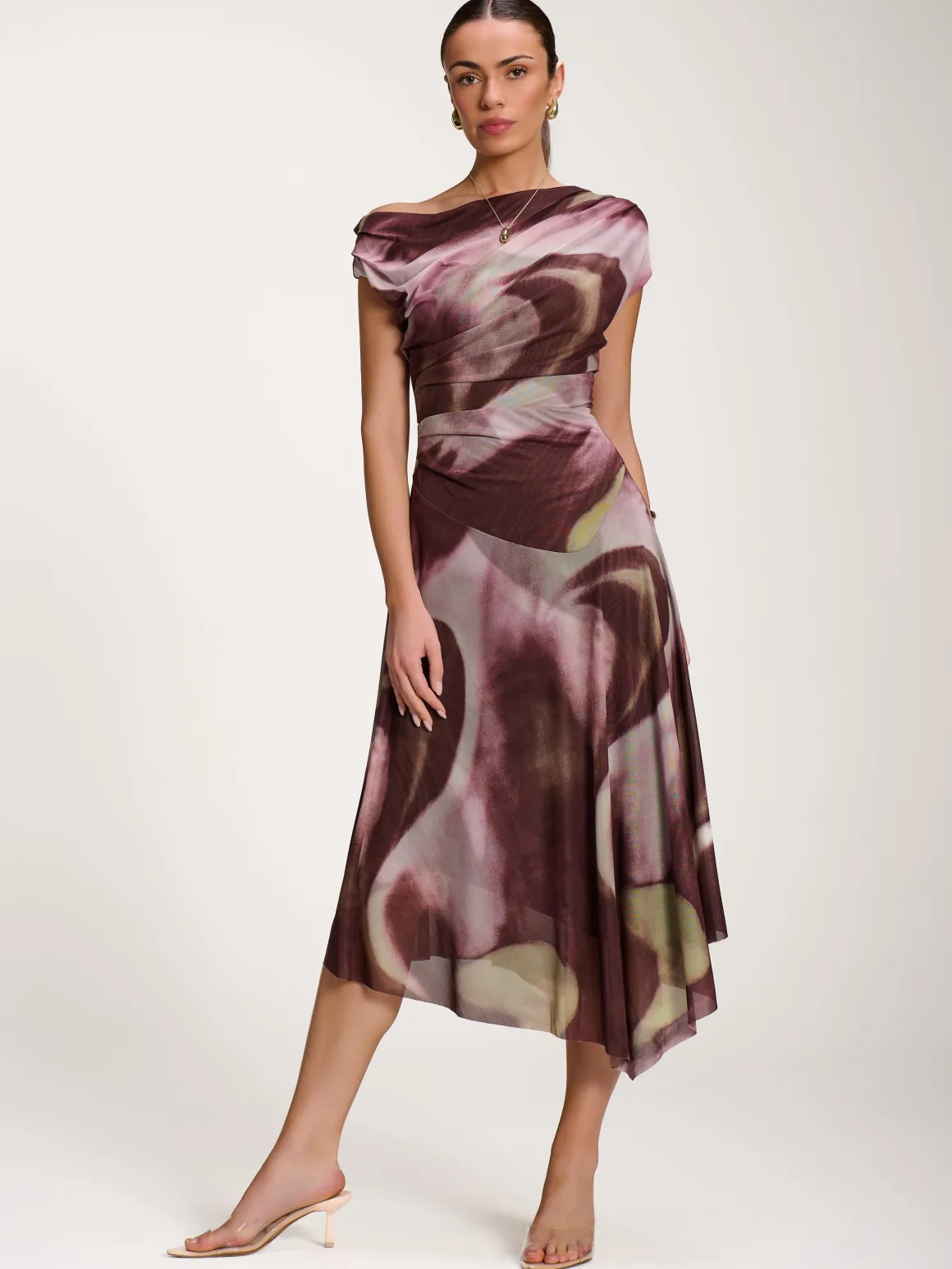 Asymmetric Draped Mesh Dress, Brown Multi