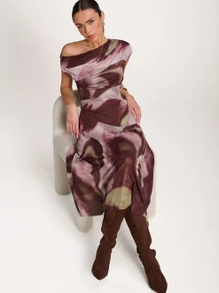 Asymmetric Draped Mesh Dress, Brown Multi