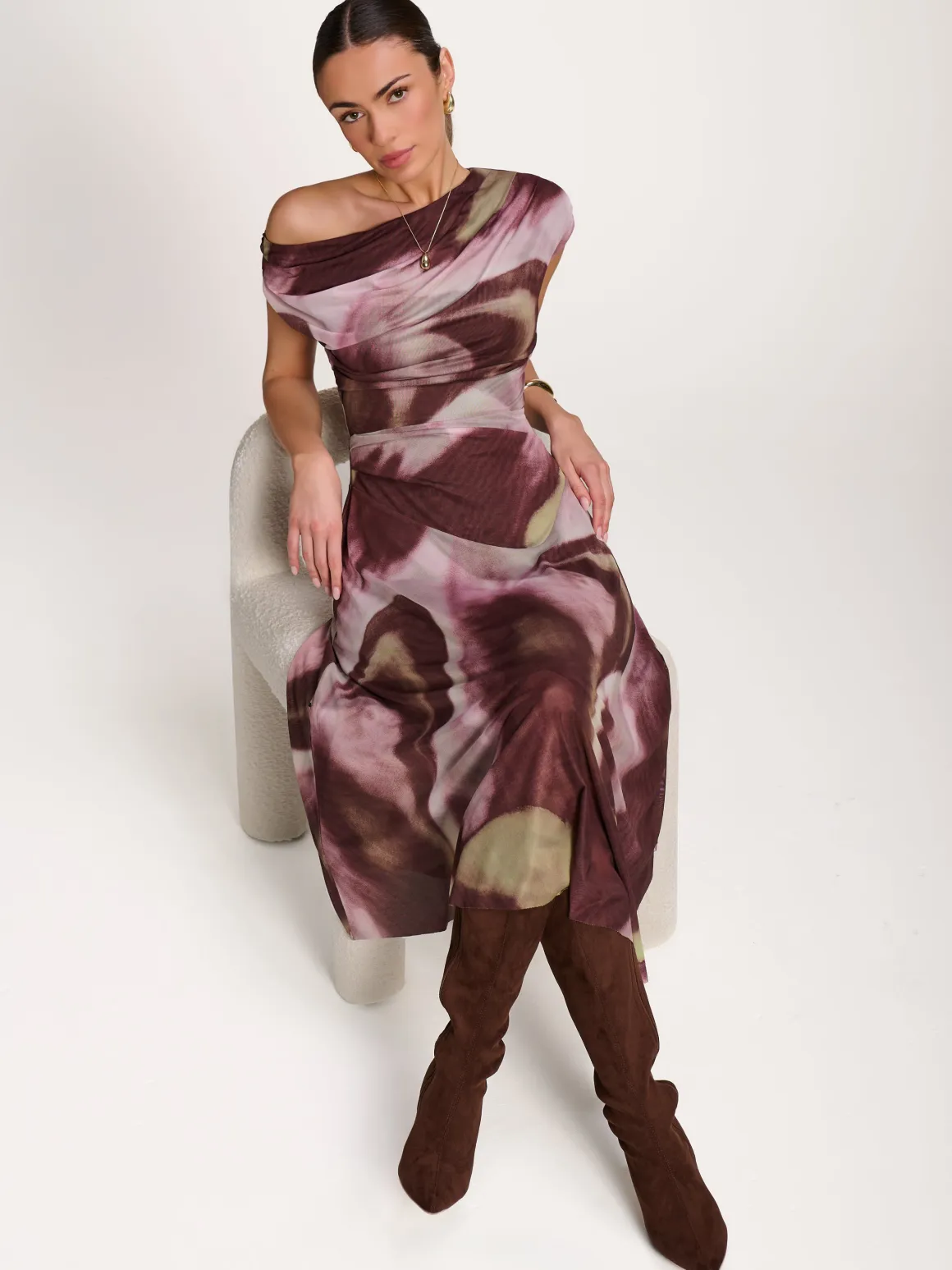 Asymmetric Draped Mesh Dress, Brown Multi