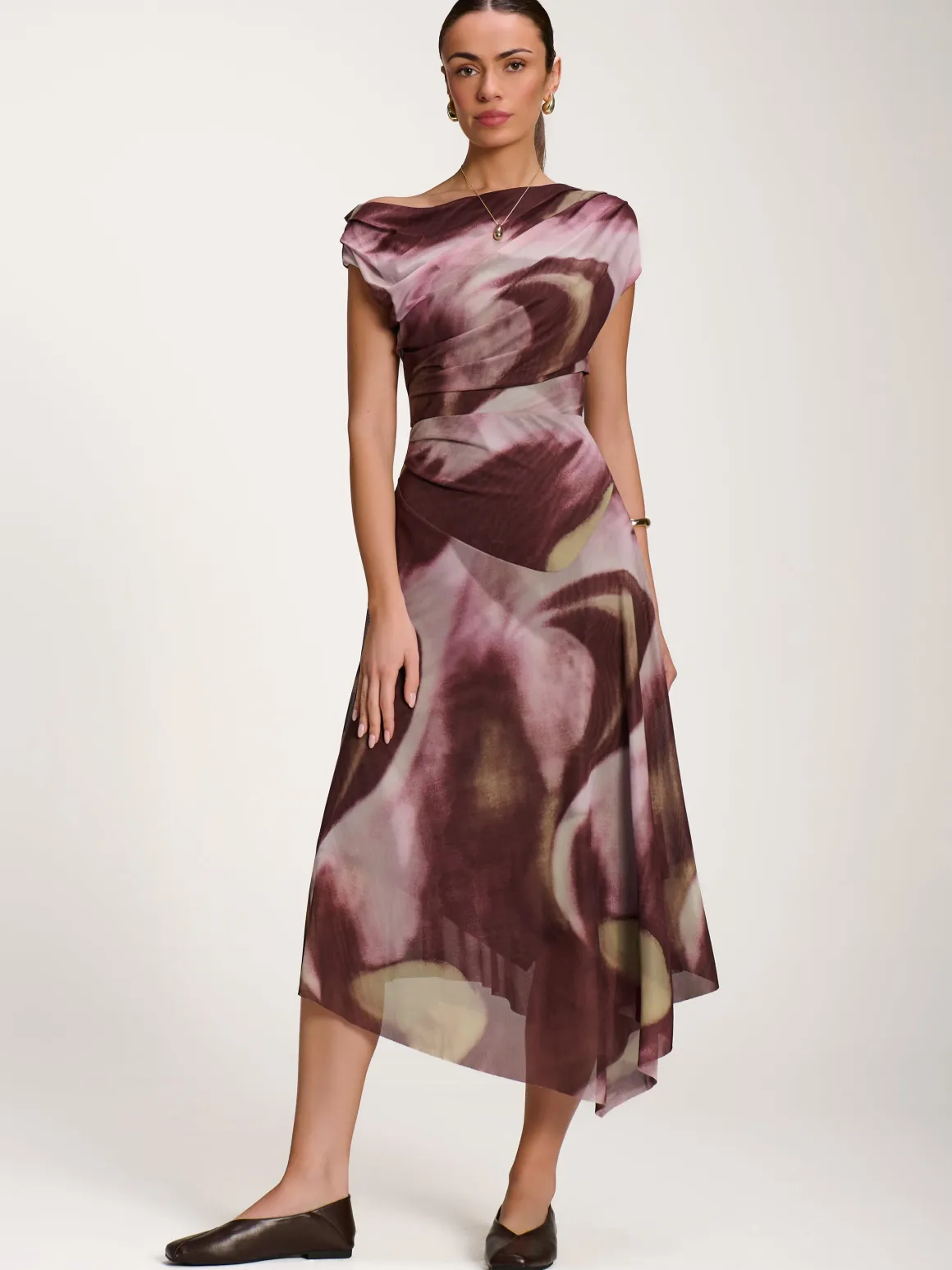Asymmetric Draped Mesh Dress, Brown Multi