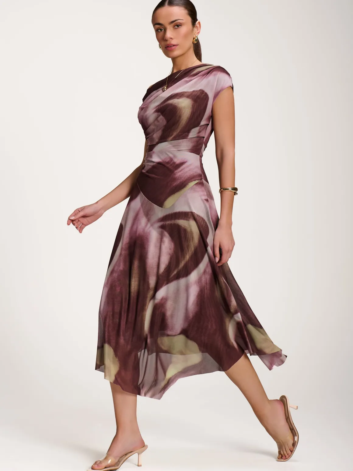 Asymmetric Draped Mesh Dress, Brown Multi