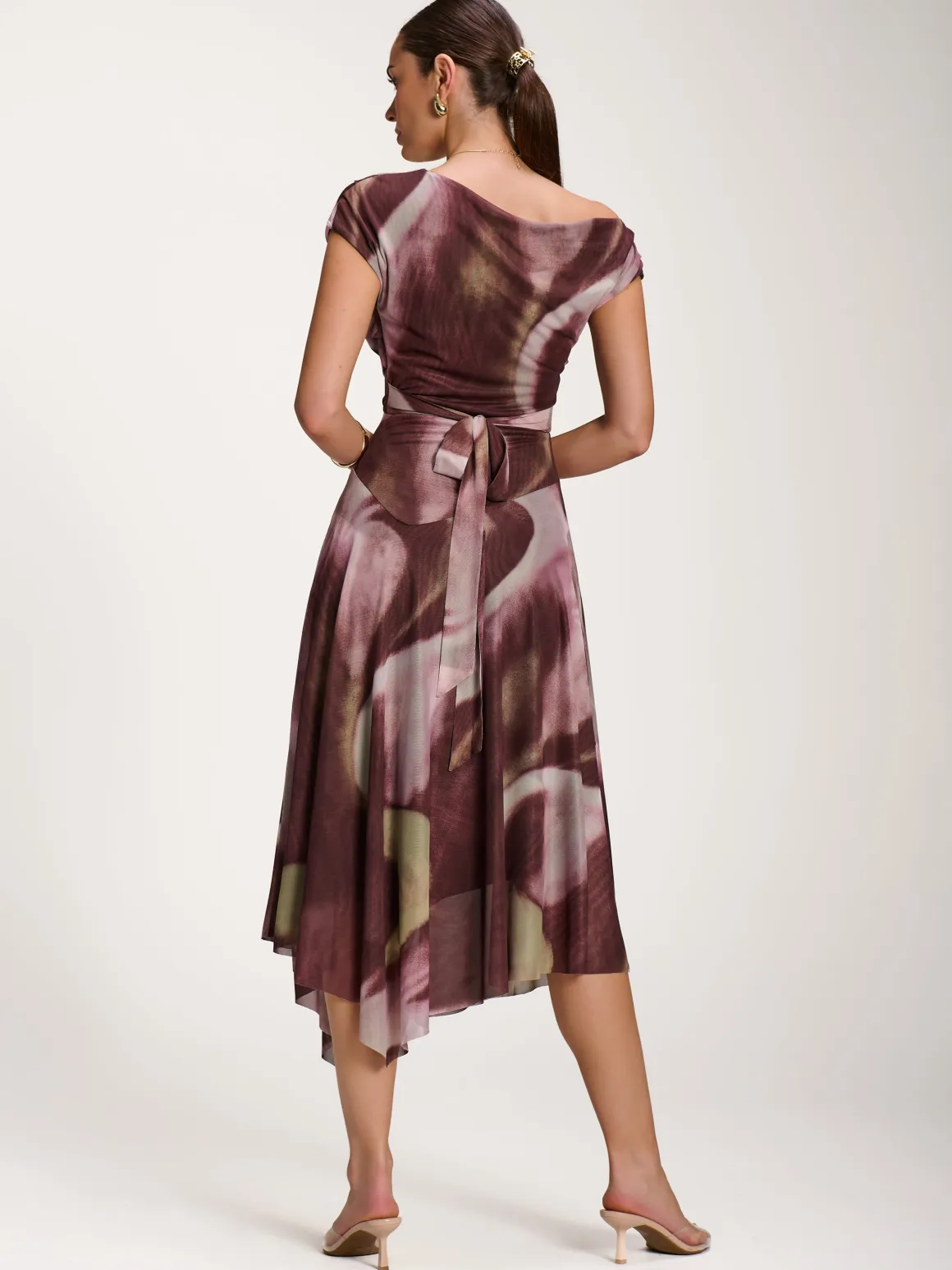 Asymmetric Draped Mesh Dress, Brown Multi