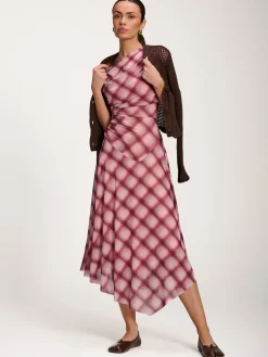 Asymmetric Draped Mesh Dress, Pink Check