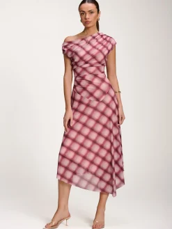 Asymmetric Draped Mesh Dress, Pink Check
