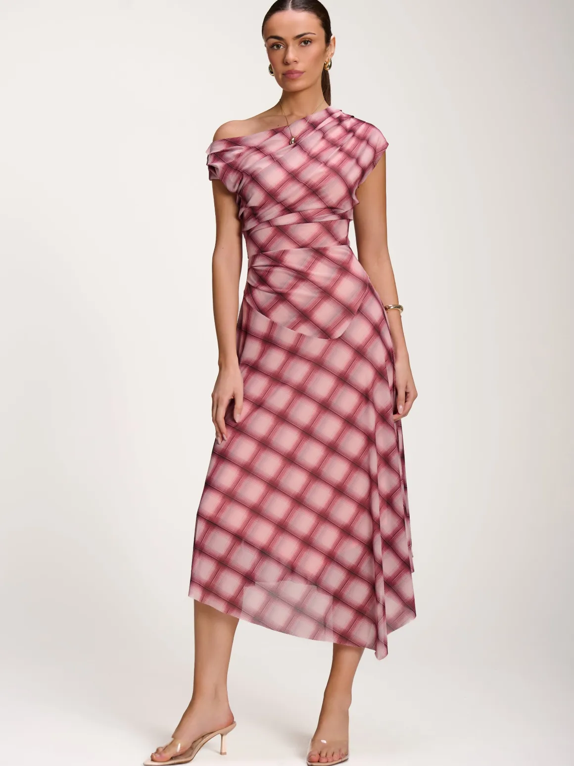 Asymmetric Draped Mesh Dress, Pink Check