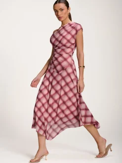 Asymmetric Draped Mesh Dress, Pink Check