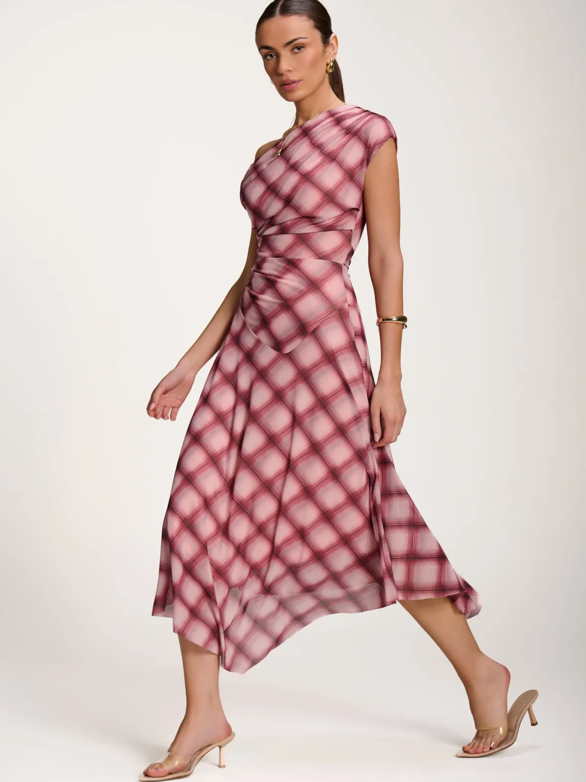 Asymmetric Draped Mesh Dress, Pink Check