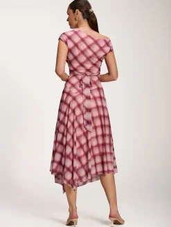 Asymmetric Draped Mesh Dress, Pink Check