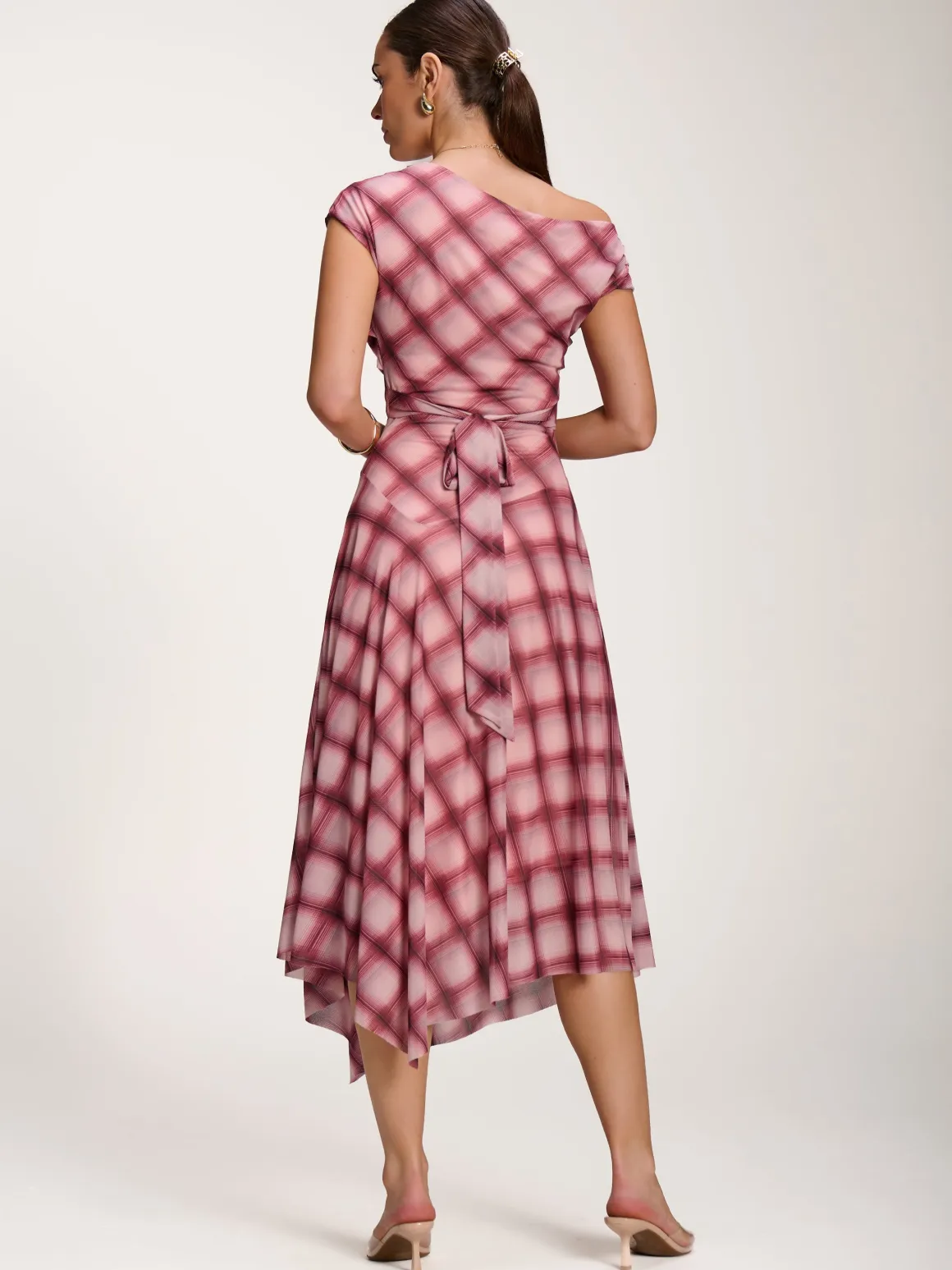 Asymmetric Draped Mesh Dress, Pink Check