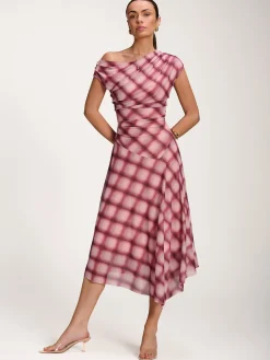 Asymmetric Draped Mesh Dress, Pink Check